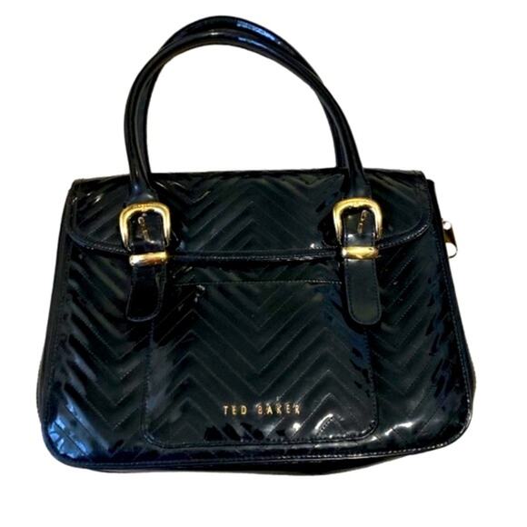 Ted Baker London Black Patent PVC Quilted Gold Logo Zip Buckle Agathis Bag Purse - Picture 3 of 11